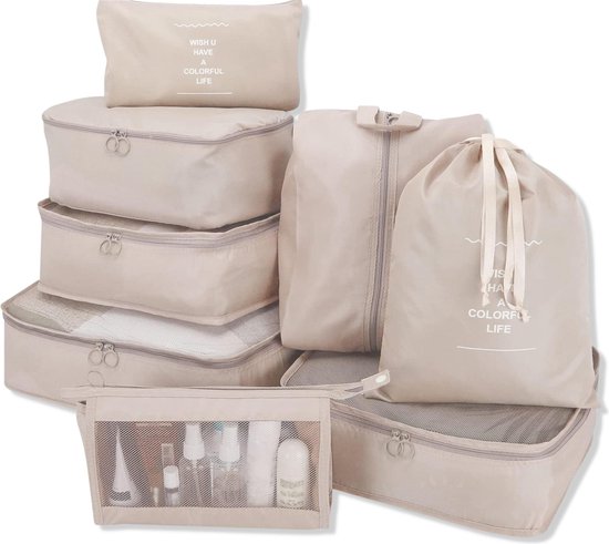 LaCardia Cubes d'emballage Beige - Set d'organisateur de valise - Rangement pour sièges-auto de bagages - Cube de compression - Organisateur de sac à dos de voyage - 8 pièces