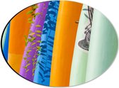 Dibond Ovaal - Rij Verschillende Kleuren Surfboards - 28x21 cm Foto op Ovaal (Met Ophangsysteem)