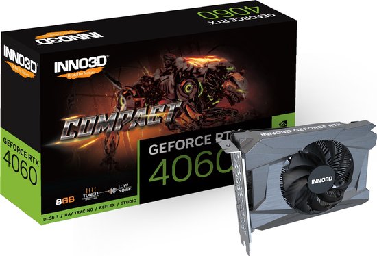 Inno3D GeForce RTX 4060 Compact, GeForce RTX 4060, 8 GB, GDDR6, 128 Bit, 7680 x 4320 Pixels, PCI Express x8 4.0