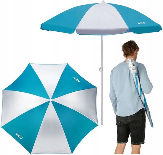 Strandparasol - Blauw - 160 cm - met Draagtas - SPF 40 - Verstelbaar en Kantelbaar - Zonbescherming - Zonwering - Parasol - Stokparasol - Tuinparasol