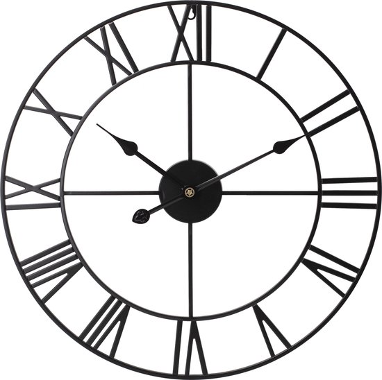 iBright Grote XL Wandklok 60cm - Romeinse cijfers - Industrieel - Moderne klok - Stil uurwerk - Zwart
