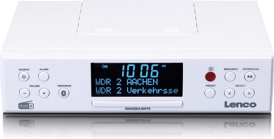 Radio De Cuisine DAB+/FM Bluetooth Lenco KCR-190WH - Blanc, écran LED, Alarme, Télécommande