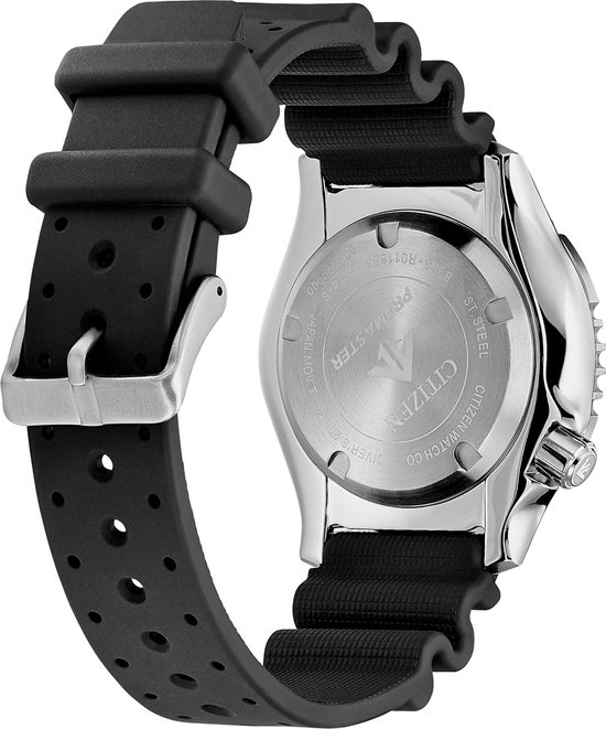 Citizen Promaster duikhorloge met een zilverkleurige roestvrijstalen kast en een zwart rubberen band met perforaties. De achterkant van de kast toont het Citizen-logo en "Diver's 200m".