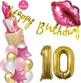 Snoes Beauty Helium Ballonnen Set 10 Jaar - Roze Folieballonnen - Slinger Happy Birthday Goud
