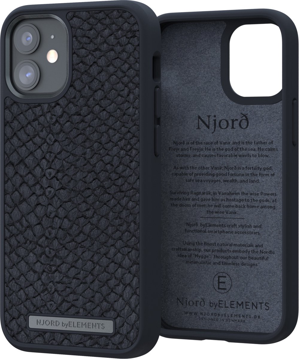 Njord byELEMENTS iPhone 12 Mini hoesje - Telefoonhoesje van Hoogwaardig Zalmleer - Gereycled / Duurzaam materiaal - 2 Meter valbescherming - Geschikt voor Magsafe / Draadloos laden - Grijs