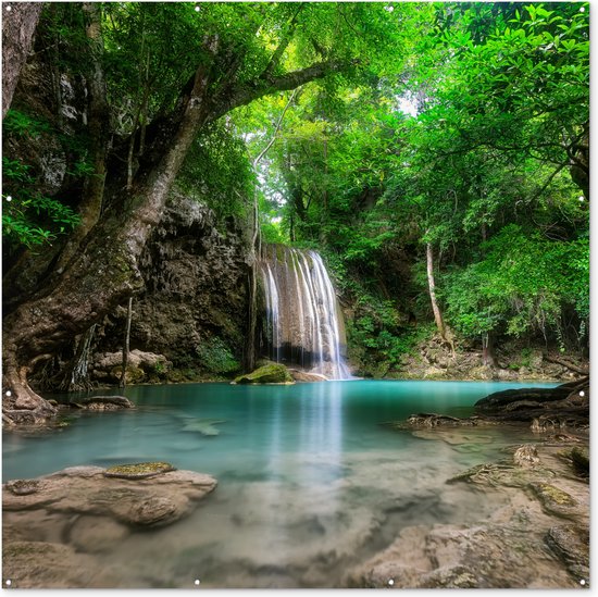 Tuinposter 200x200 cm - Tuindecoratie Jungle - Waterval - Planten - Water - Natuur - Poster voor in de tuin - Buiten decoratie - Schutting tuinschilderij - Tuindoek muurdecoratie - Wanddecoratie balkondoek