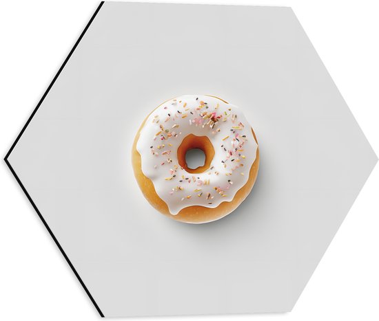 Dibond Hexagon - Donut met Wit Glazuur en Sprinkels tegen Lichtgekleurde Achtergrond - 40x34.8 cm Foto op Hexagon (Met Ophangsysteem)