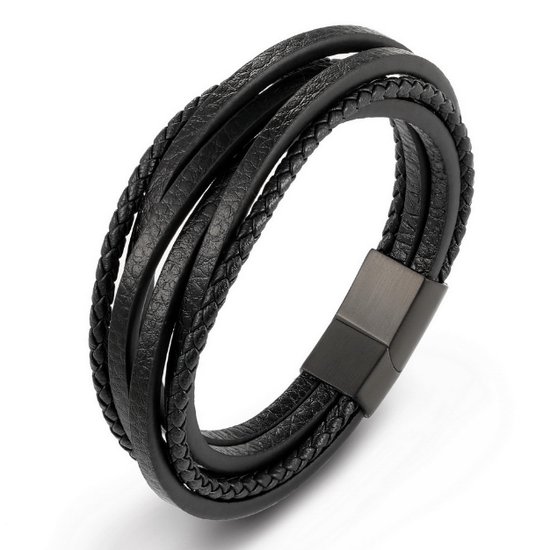 Leren armband zwart 19cm- armband voor heren - wikkelarmband zwart -  magnetische... | bol.com