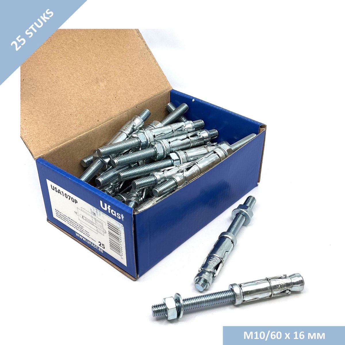UFAST keilbout - M10/60 x 16mm - Sluitring + moer - Verzinkt - 25 stuks