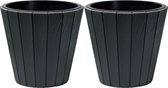 Prosperplast Cache-pot/pot de fleurs Wood Style - 2x - extérieur/intérieur - plastique - anthracite - D49 x H45 cm