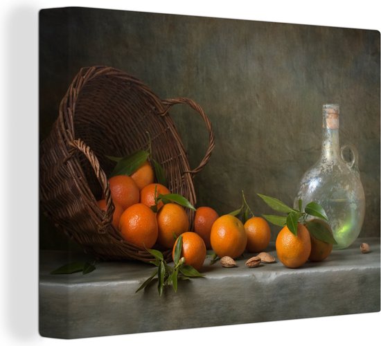 Canvas Schilderij Stilleven - Mandarijn - Fles - 120x90 cm - Wanddecoratie