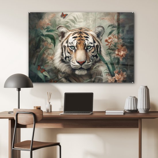 Peinture sur verre - Tigre - Fleurs - Blinder - Animaux - Nature - Plaque de verre - Photo sur verre - Peintures sur verre salon - Peinture sur verre - 120x80 cm - Décoration murale - Décoration murale - Chambre - Décoration de chambre