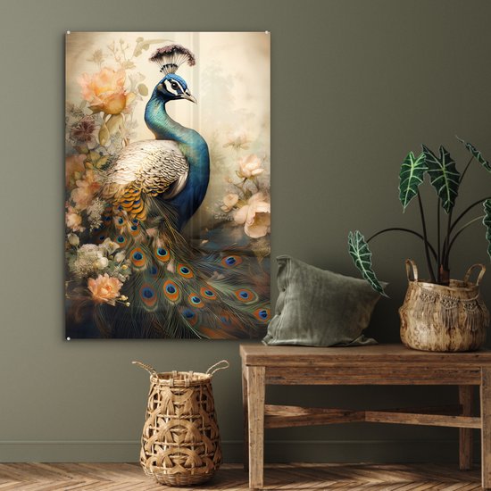 MuchoWow® Peinture sur verre - Paon - Plumes de paon - Fleurs - Vogels - Botanique - 80x120 cm - Peintures sur verre acrylique - Photo sur Glas
