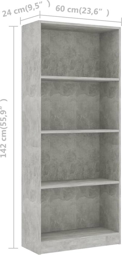 vidaXL-Boekenkast-met-4-schappen-60x24x142-cm-bewerkt-hout-betongrijs