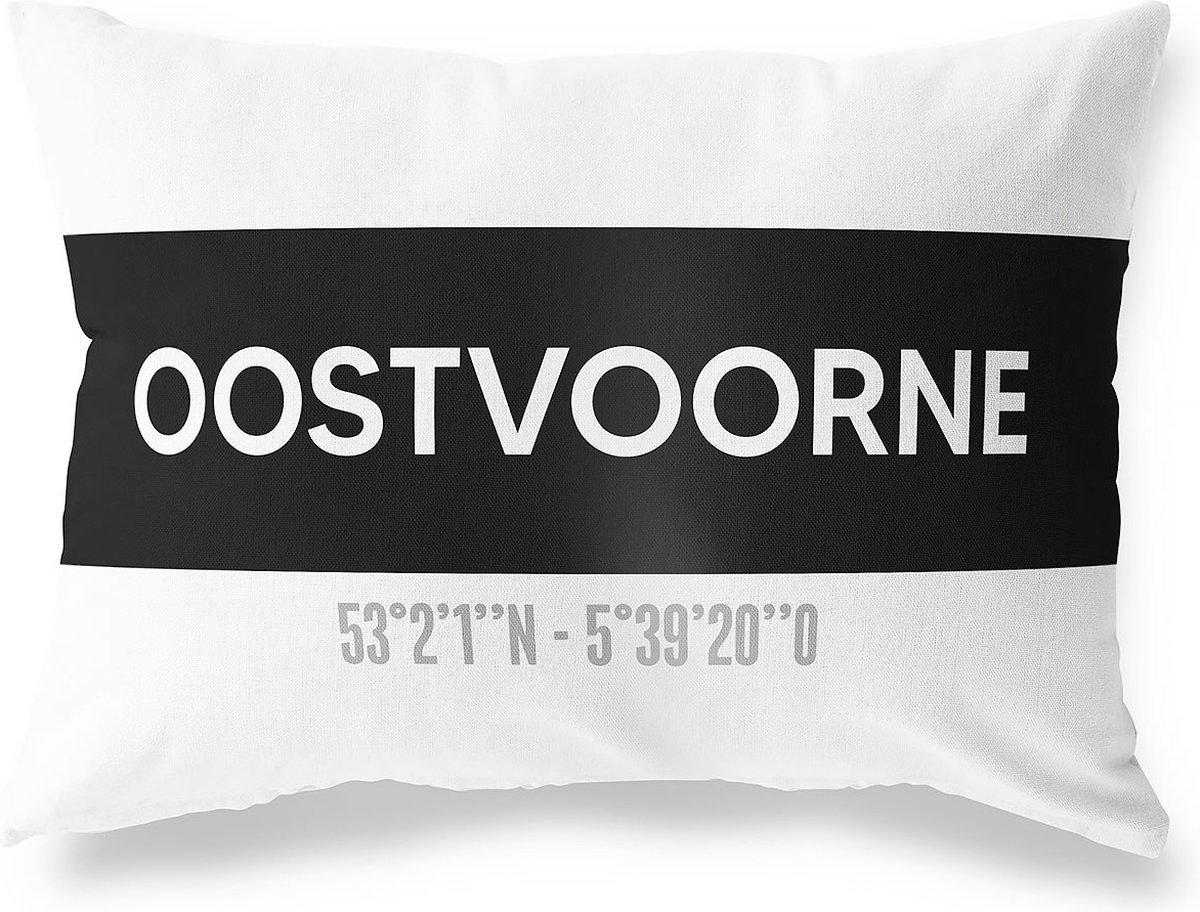 Tuinkussen OOSTVOORNE - ZUID-HOLLAND met coördinaten - Buitenkussen - Bootkussen - Weerbestendig - Jouw Plaats - Studio216 - Modern - Zwart-Wit - 50x30cm