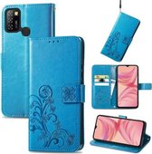 Voor Infinix Hot 10 Lite Vierbladige Sluiting Reliëf Gesp Mobiele Telefoon Bescherming Lederen Case met Lanyard & Kaartsleuf & Portemonnee & Beugel Functie (Blauw)