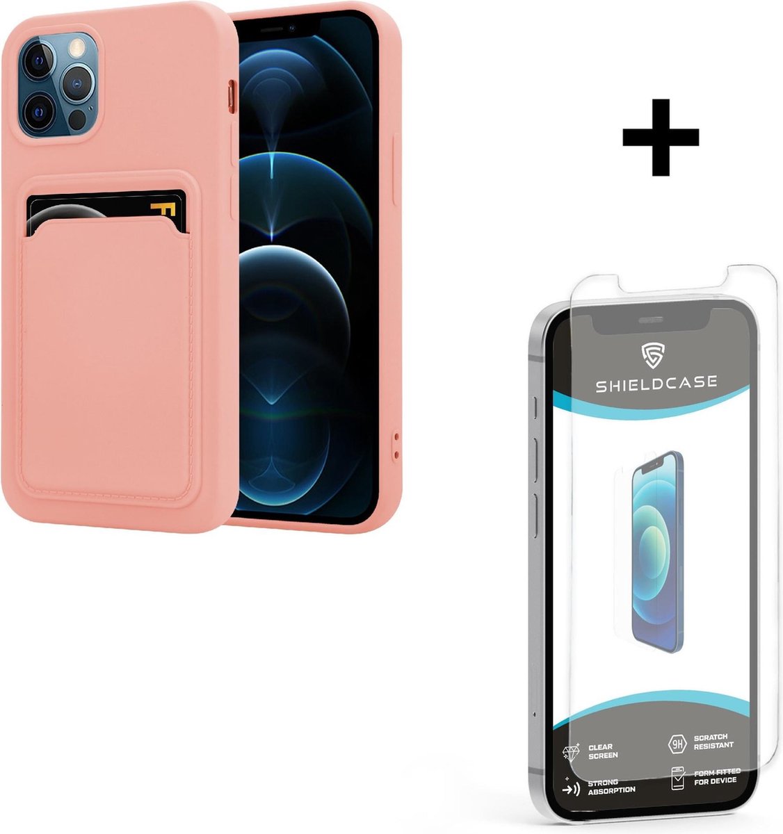 ShieldCase geschikt voor Apple iPhone 12 / 12 Pro siliconen hoesje met pasjeshouder - roze + glazen Screen Protector