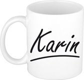 Karin naam cadeau mok / beker sierlijke letters - Cadeau collega/ moederdag/ verjaardag of persoonlijke voornaam mok werknemers