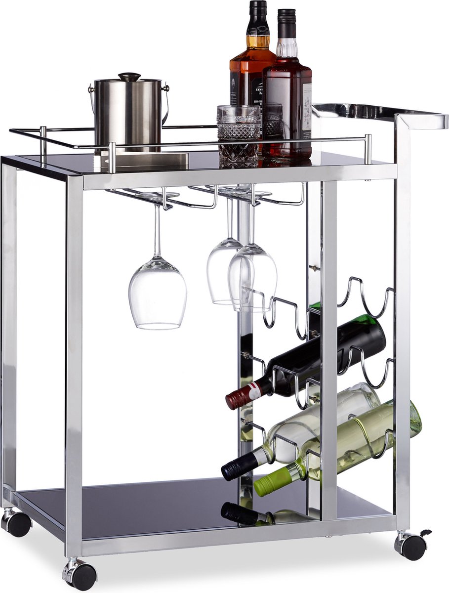 serveerwagen glas - met wijnrek - voor 6 flessen - 75 x 40 x 70 cm - metaal