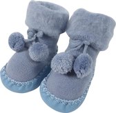Babyslofjes Strik met Pompons Blauw - Anti-slip - 4-9 maanden