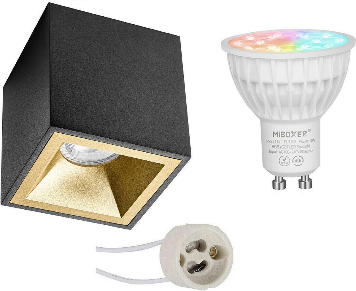 Mi-Light MiBoxer - Opbouwspot Set GU10 - Smart LED - Wifi LED - Slimme LED - 4W - RGB+CCT - Aanpasbare Kleur - Dimbaar - Proma Cliron Pro - Opbouw Vierkant - Mat Zwart/Goud - Verdiept - 90mm