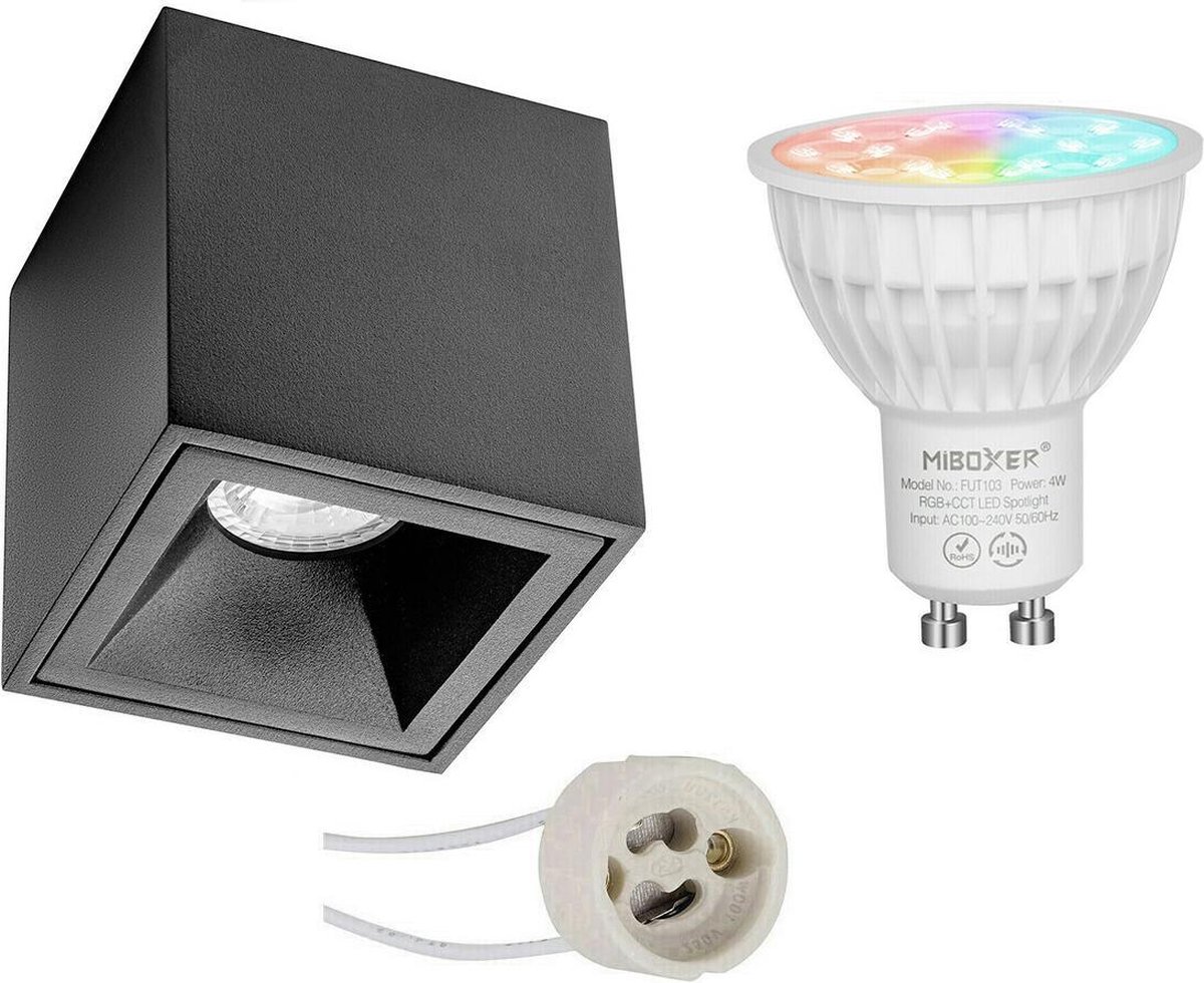 Mi-Light MiBoxer - Opbouwspot Set GU10 - Smart LED - Wifi LED - Slimme LED - 4W - RGB+CCT - Aanpasbare Kleur - Dimbaar - Proma Cliron Pro - Opbouw Vierkant - Mat Zwart - Verdiept - 90mm