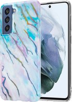 ShieldCase Marble Swirl Samsung Galaxy S21 FE hoesje - lichtblauw/roze