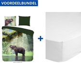 Luxe Dekbedovertrek Tweepersoons - 200x200/220cm  - Inclusief 2 Kussenslopen - 100% Zacht Microvezel - Laughing Groen + Zachte Katoenen Hoeslaken -140x200cm - Wit