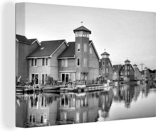 Canvas Schilderij Huizen bij de Reitdiephaven-Haven in Groningen - zwart wit - 30x20 cm - Wanddecoratie