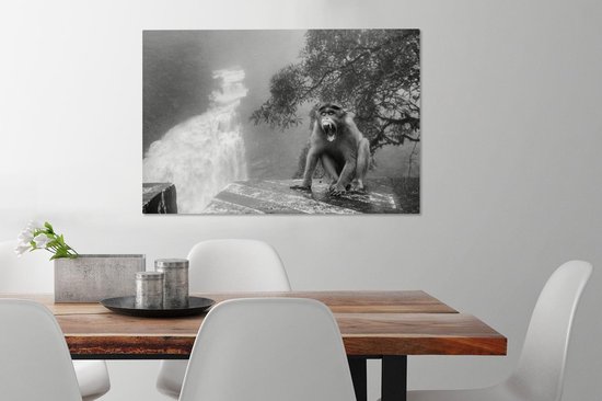 Tableau sur toile Singe qui crie devant la cascade - noir et blanc - 90x60 cm - Art Décoration murale