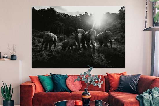 Tableau sur toile Éléphants dans la jungle - noir et blanc - 150x100 cm - Décoration murale