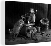 Canvas Schilderij Stilleven van hamsters die koffie maken - zwart wit - 40x30 cm - Wanddecoratie