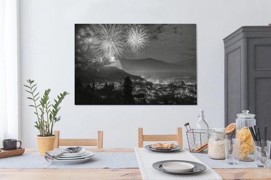 Tableau sur toile Feu d'artifice au lac de Garde en Italie - noir et blanc - 120x80 cm - Décoration murale