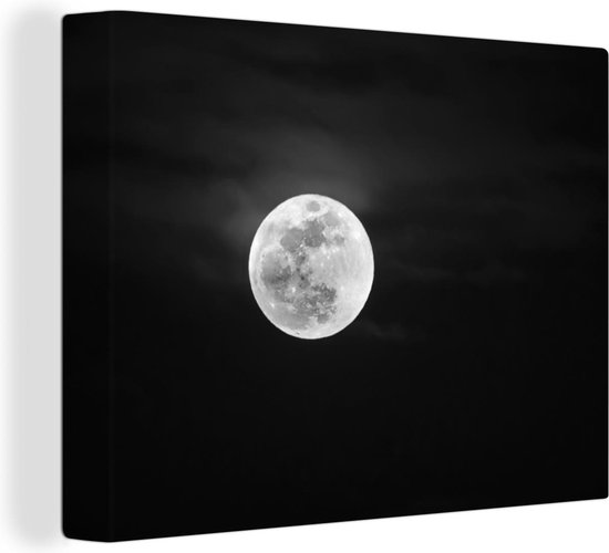 Canvas Schilderij Volle maan aan de nachtelijke hemel - zwart wit - 80x60 cm - Wanddecoratie