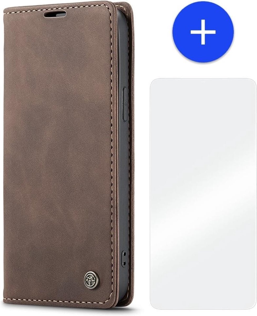 iPhone 13 Mini Slank Bookcase Hoesje Bruin Kunstleer - Caseme (013 Serie) + Cacious Screen Protector