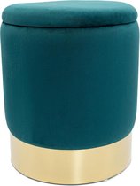 Sunfield Kruk | Decoratieve Kruk met Opbergruimte en Deksel | Ø 31 H 38 cm | Fluweel | Turquoise Goud