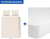 Luxe Dekbedovertrek Tweepersoons - 200x200/220cm - Inclusief 2 Kussenslopen - 100% Zacht Katoensatijn - Beige + Zachte Katoenen Hoeslaken -140x200cm - Wit