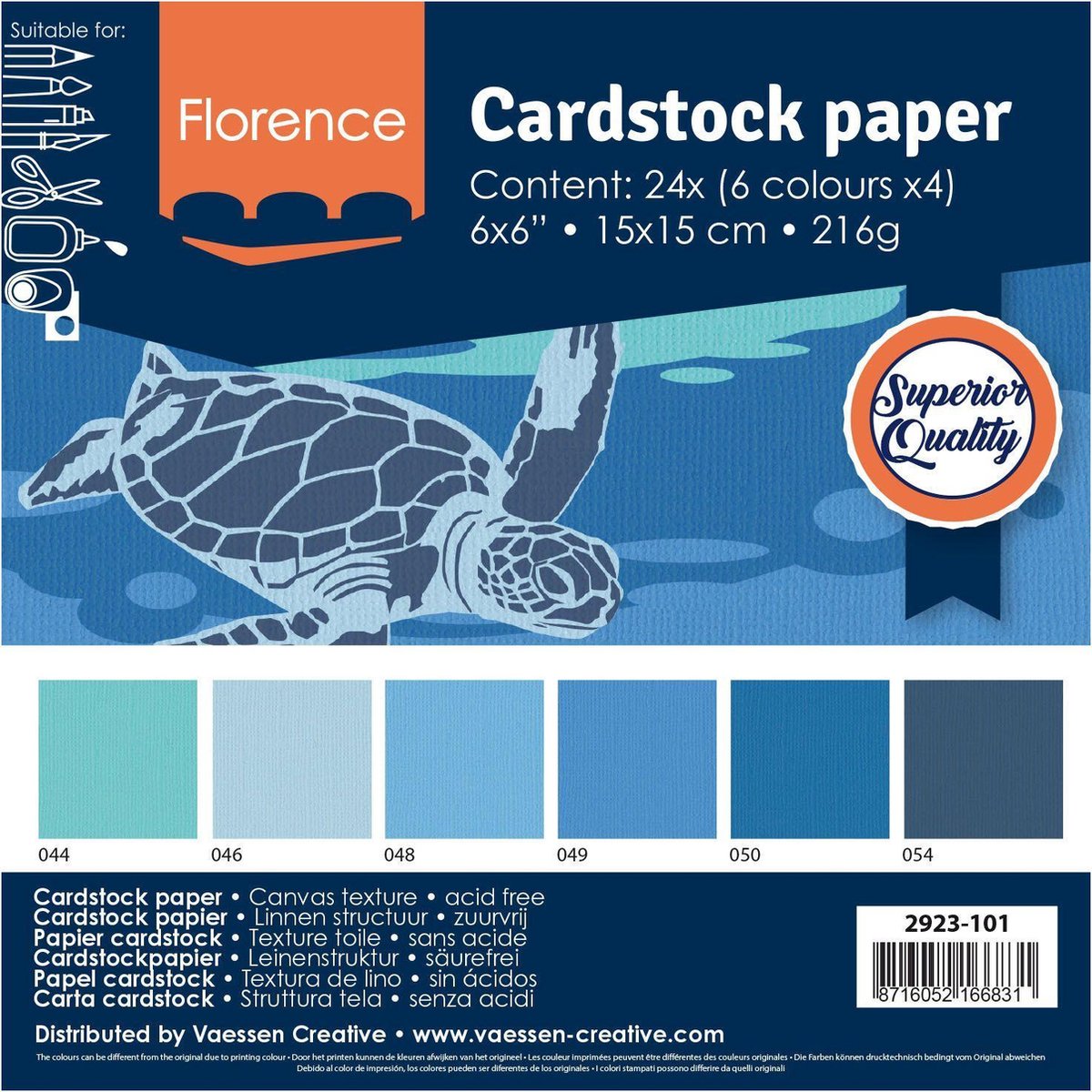 Vaessen Creative Florence Cardstock, Stevig Kaartpapier 216g - Blauw, 24 Stuks. 15 x 15 cm