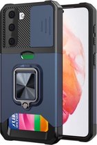 Voor Samsung Galaxy S21 5G Sliding Camera Cover Design PC + TPU Shockproof Case met Ring Houder & Card Slot (Blauw)