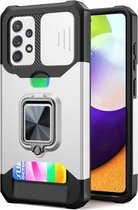 Voor Samsung Galaxy A52 Sliding Camera Cover Design PC + TPU Shockproof Case met Ring Houder & Card Slot (Zilver)