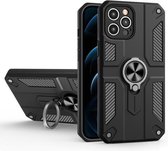 Koolstofvezelpatroon PC + TPU-beschermhoes met ringhouder voor iPhone 12 Pro (zwart)