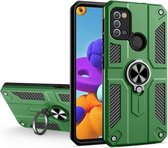 Voor Samsung Galaxy A21s koolstofvezelpatroon pc + TPU-beschermhoes met ringhouder (groen)