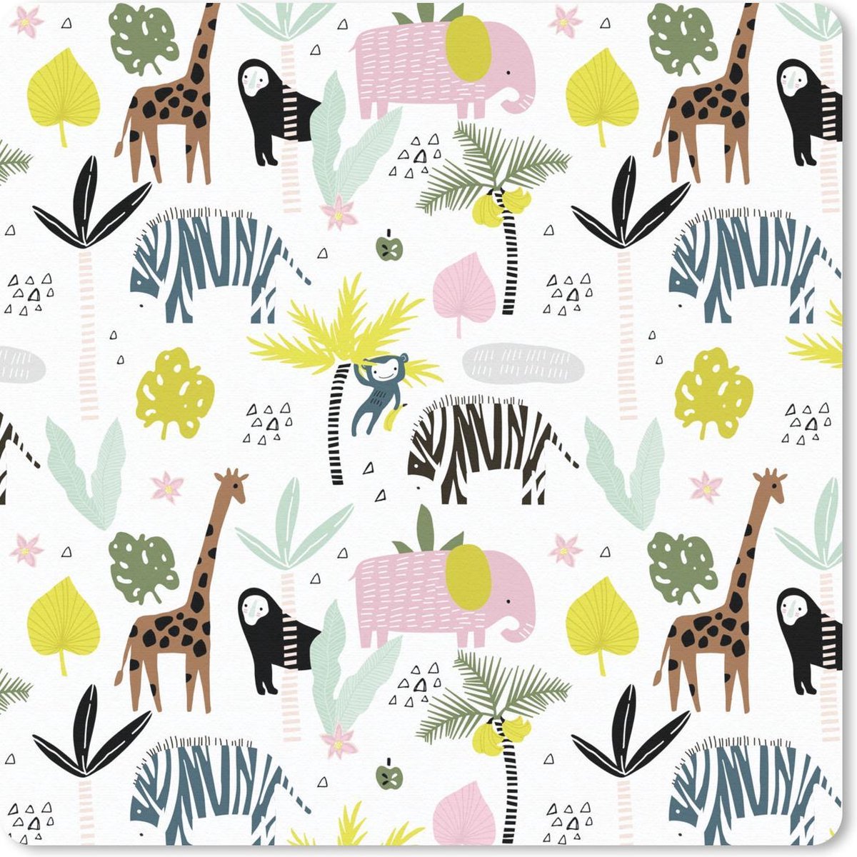 Muismat 20x20 cm - Mousepad Jungle - Olifant - Aap - Muismatten