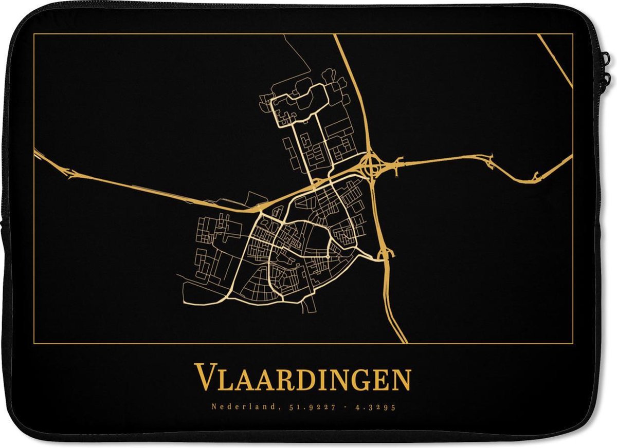 Laptophoes 14 inch - Kaart - Vlaardingen - Zwart - Goud - Laptop sleeve - Binnenmaat 33x23 cm - Zwarte achterkant