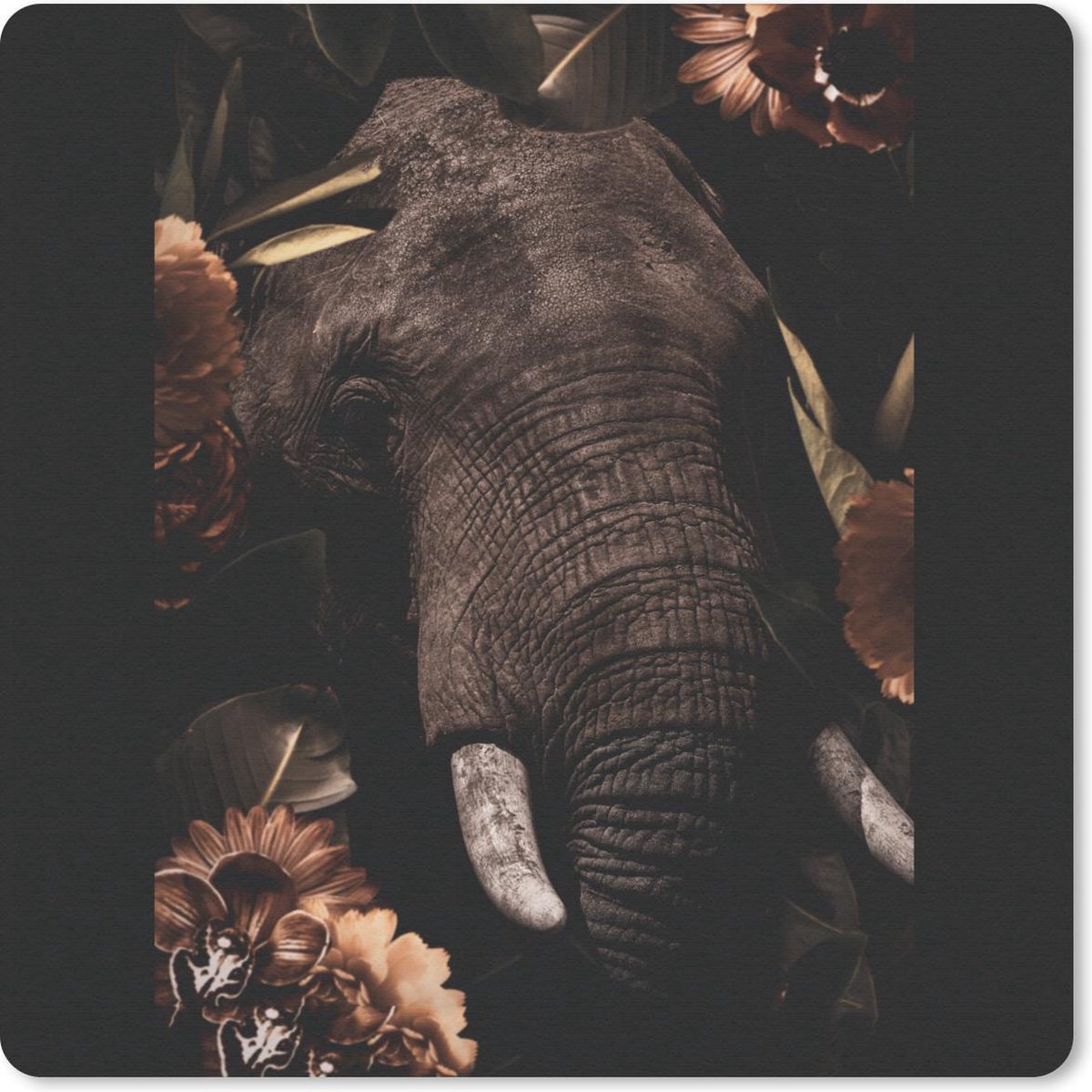 Muismat 20x20 cm - Mousepad Olifant - Bloemen - Portret - Muismatten