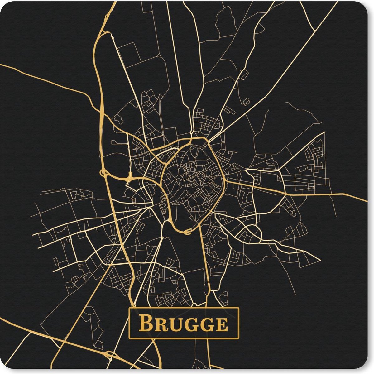 Muismat 20x20 cm - Mousepad Kaart - Brugge - Goud - Zwart - Muismatten