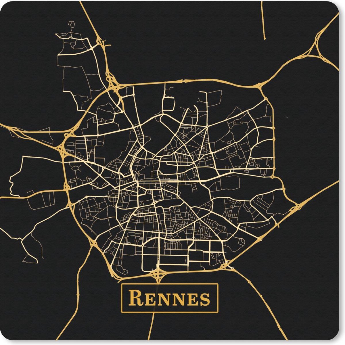 Muismat 20x20 cm - Mousepad Kaart - Rennes - Goud - Zwart - Muismatten