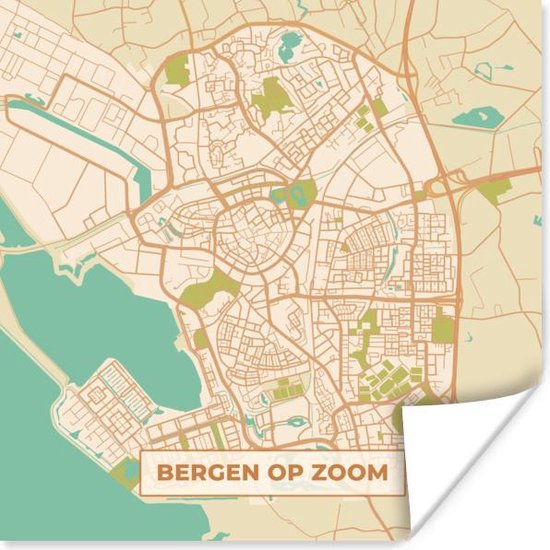 Poster Stadskaart - Bergen op Zoom - Vintage - 100x100 cm XXL - Plattegrond