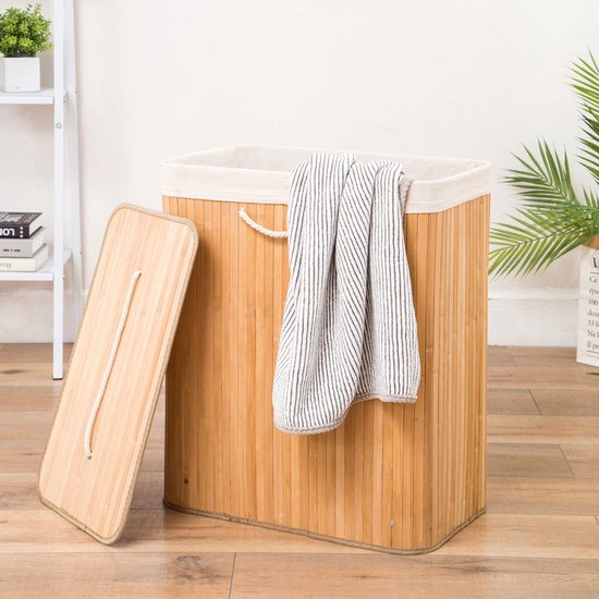 Decopatent Bamboe Wasmand - Dubbele Wasmand met deksel - Opvouwbaar - 110 L - Naturel