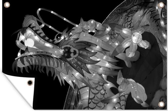 Tuinposter 90x60 cm - Tuindecoratie Een lichtgevende kop van een Chinese draak - zwart wit - Poster voor in de tuin - Buiten decoratie - Schutting tuinschilderij - Tuindoek muurdecoratie - Wanddecoratie balkondoek
